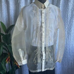 Plus size- Men’s Beige Pina Organza Barong Tagalog Full open with embroidery